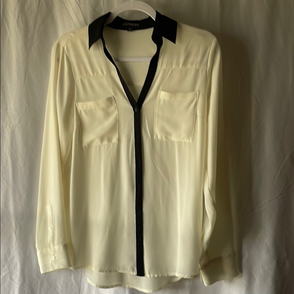 Cream and Black Button-Up Blouse